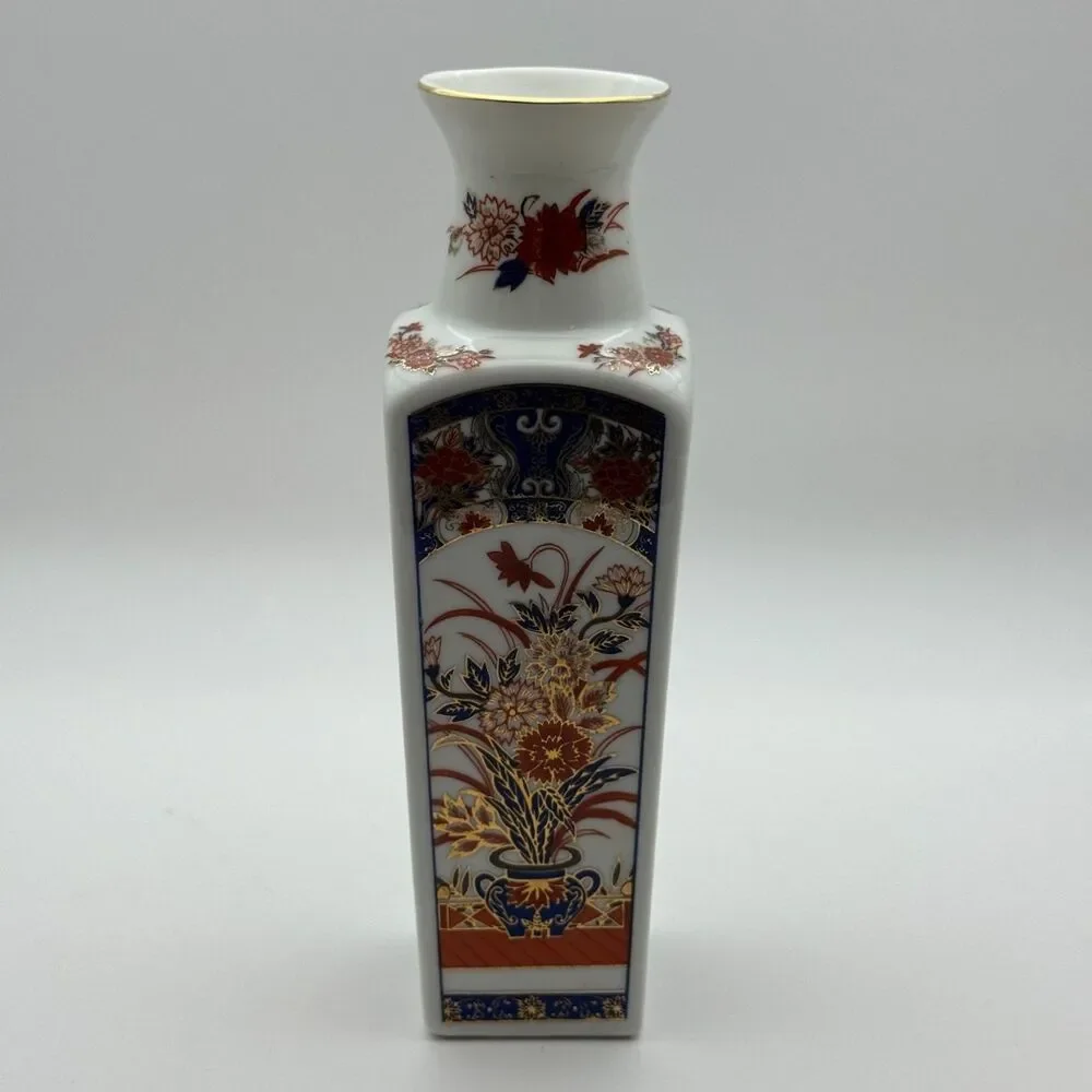 Imari Style Porcelain Bud Vase Square Floral Gold Gilt Blue Orange 8
